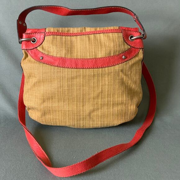 FOSSIL Red Leather Strap Tan Straw Woven Handbag Versatile - Picture 6 of 15